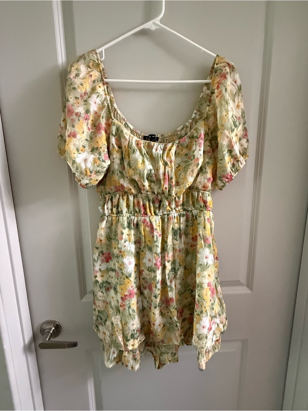 As U Wish Floral Off-Shoulder Romper in Yellow Green Pink